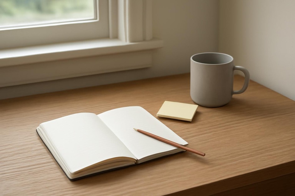 A tidy wooden desk with a notebook, pencil, sticky notes, and mug near a window